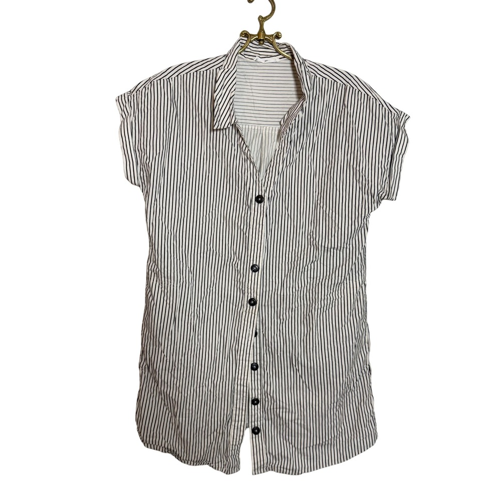 MNG Mango Casual Womens Striped Button Tunic Shirt Cotton White Black Size 4